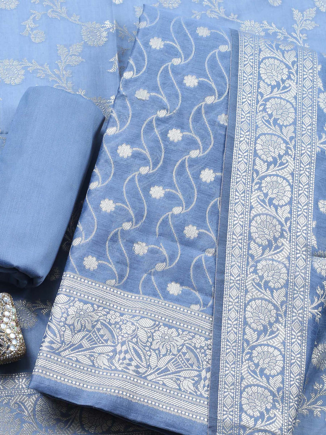 Grey Blue Woven Design Chanderi Unstitched Suit &amp; Pant With Chanderi Dupatta
