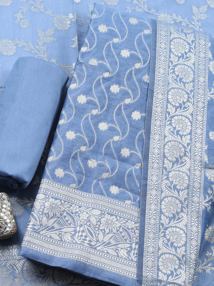 Grey Blue Woven Design Chanderi Unstitched Suit &amp; Pant With Chanderi Dupatta