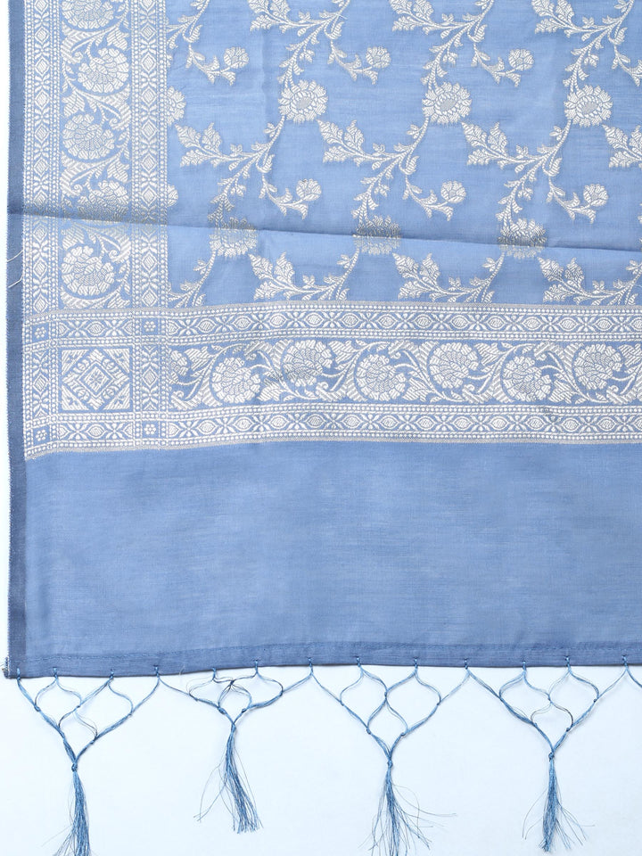 Grey Blue Woven Design Chanderi Unstitched Suit &amp; Pant With Chanderi Dupatta