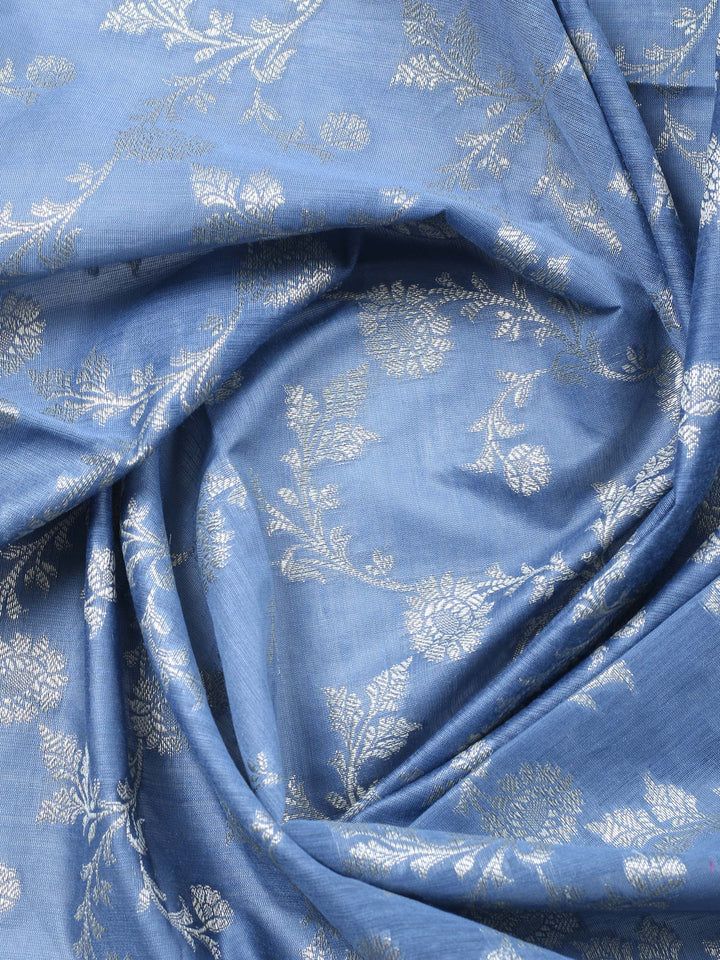Grey Blue Woven Design Chanderi Unstitched Suit &amp; Pant With Chanderi Dupatta