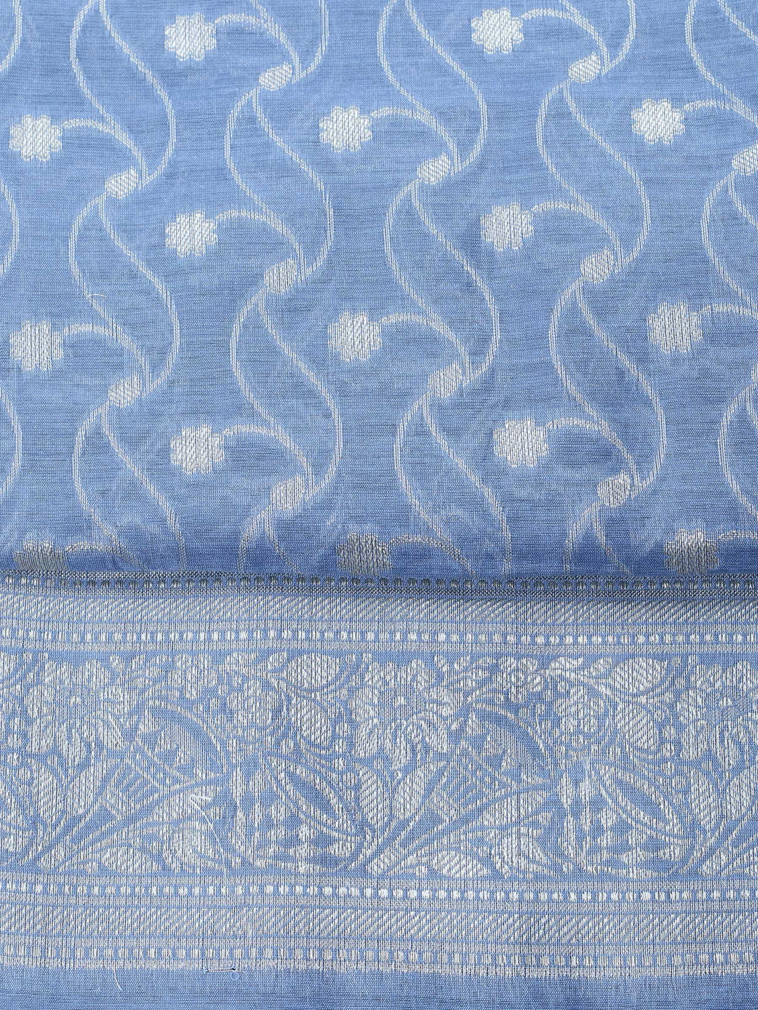 Grey Blue Woven Design Chanderi Unstitched Suit &amp; Pant With Chanderi Dupatta
