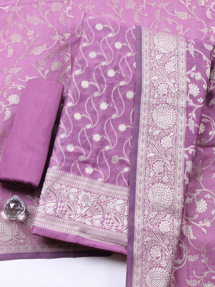 Lavender Woven Design Chanderi Unstitched Suit &amp; Pant With Chanderi Dupatta