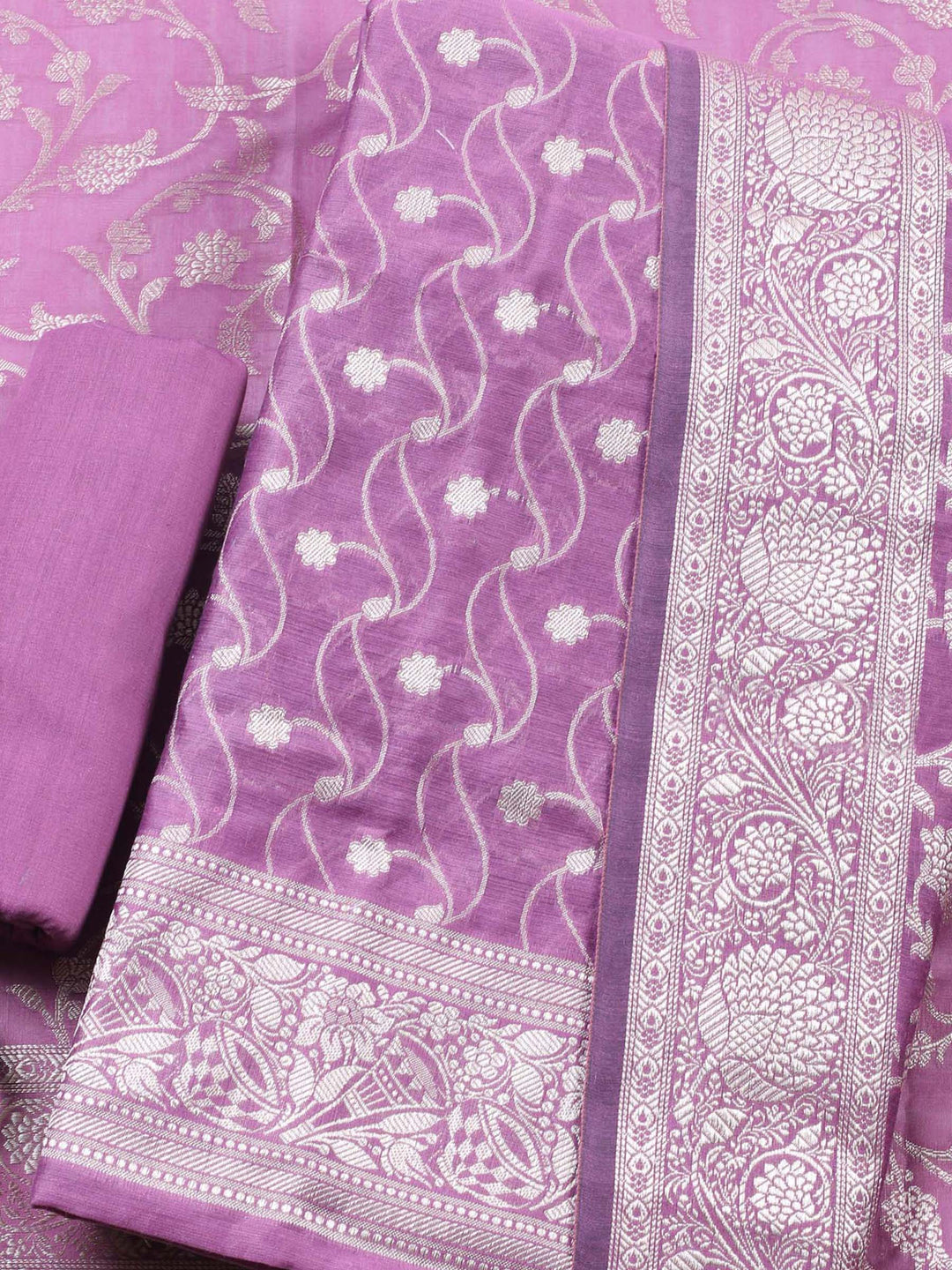 Lavender Woven Design Chanderi Unstitched Suit &amp; Pant With Chanderi Dupatta