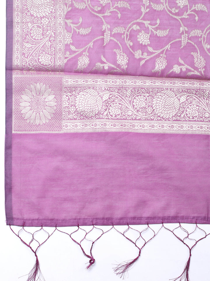 Lavender Woven Design Chanderi Unstitched Suit &amp; Pant With Chanderi Dupatta