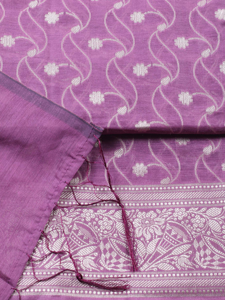 Lavender Woven Design Chanderi Unstitched Suit &amp; Pant With Chanderi Dupatta