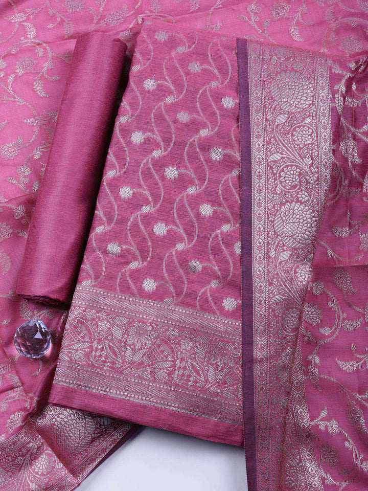 Mauve Woven Design Chanderi Unstitched Suit &amp; Pant With Chanderi Dupatta