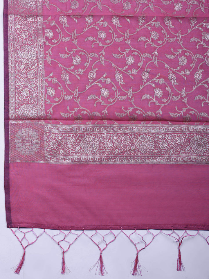 Mauve Woven Design Chanderi Unstitched Suit &amp; Pant With Chanderi Dupatta