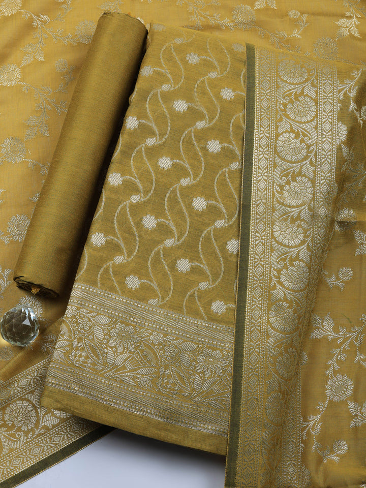 Mehndi Woven Design Chanderi Unstitched Suit &amp; Pant With Chanderi Dupatta