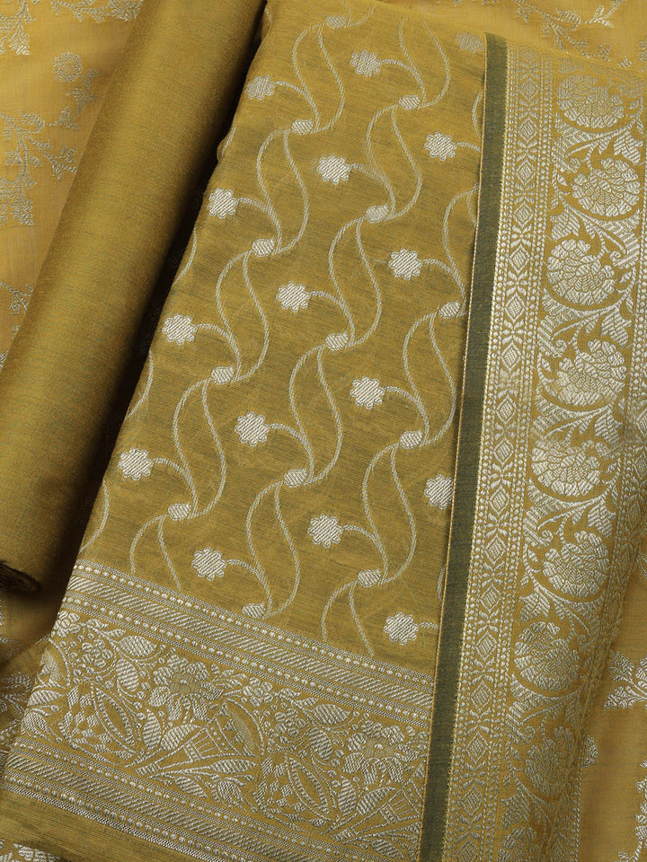 Mehndi Woven Design Chanderi Unstitched Suit &amp; Pant With Chanderi Dupatta