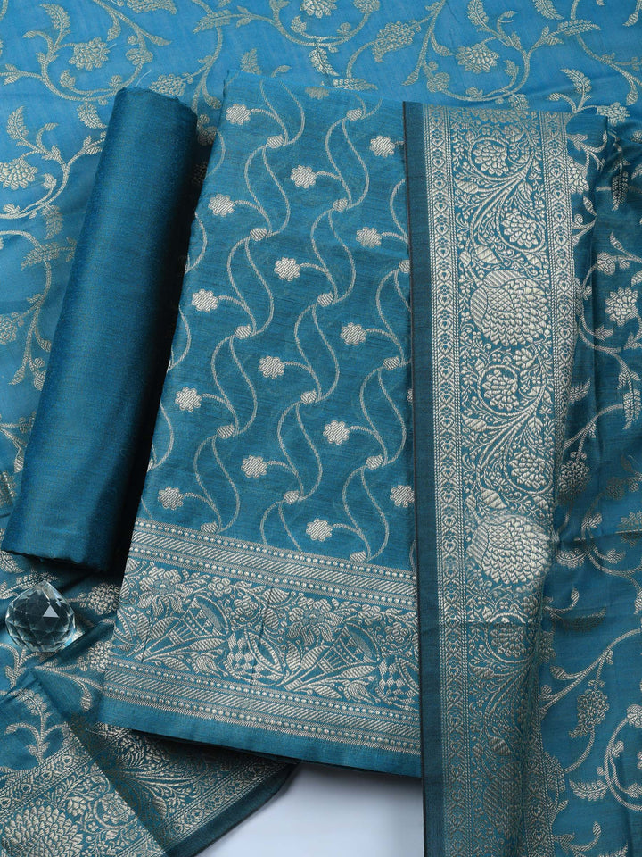 Teal Blue Woven Design Chanderi Unstitched Suit &amp; Pant With Chanderi Dupatta