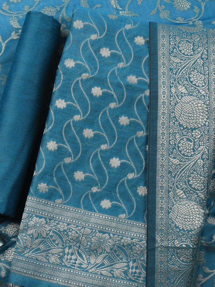 Teal Blue Woven Design Chanderi Unstitched Suit &amp; Pant With Chanderi Dupatta