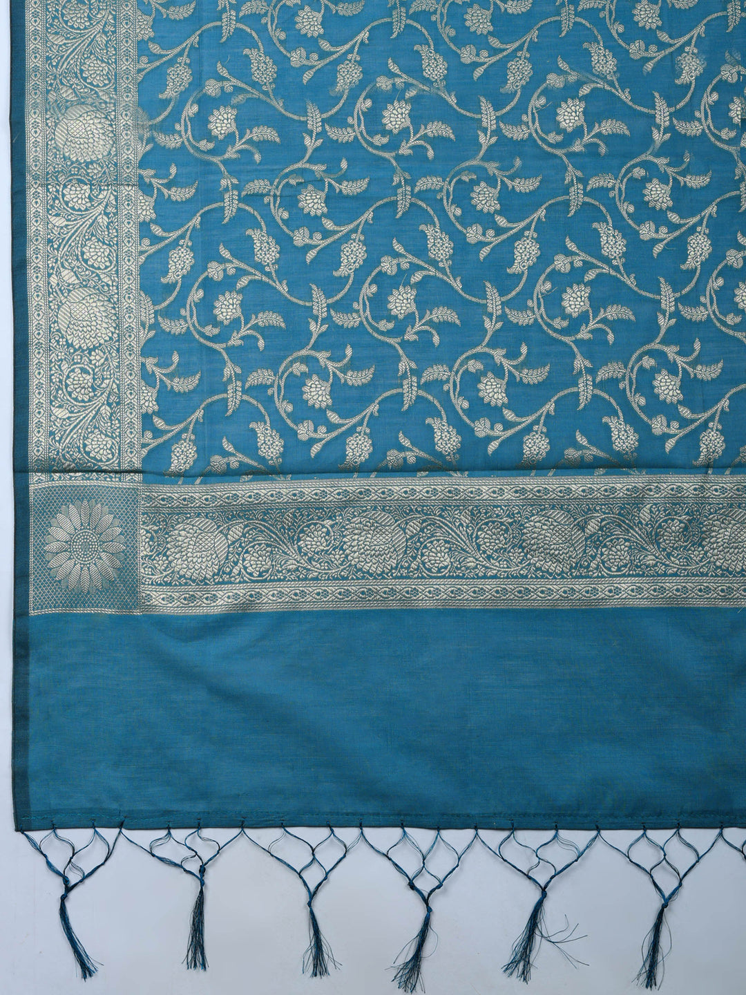 Teal Blue Woven Design Chanderi Unstitched Suit &amp; Pant With Chanderi Dupatta
