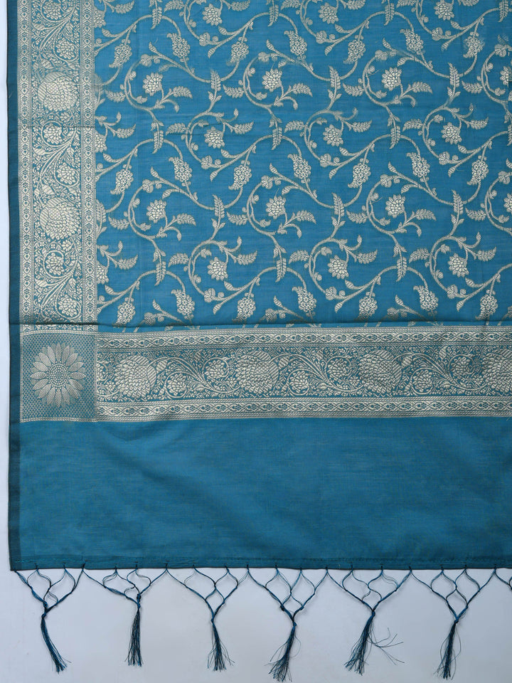 Teal Blue Woven Design Chanderi Unstitched Suit &amp; Pant With Chanderi Dupatta