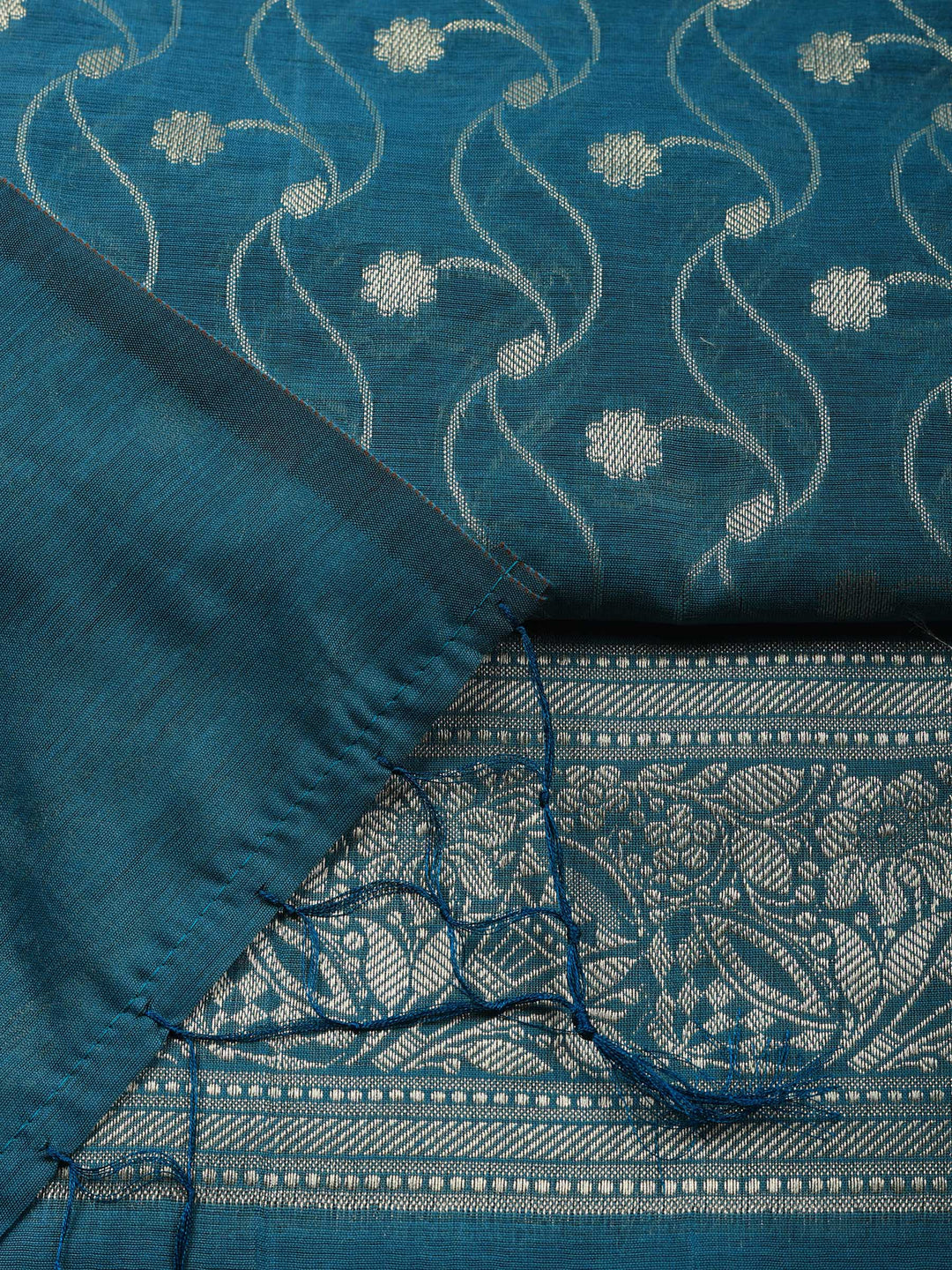 Teal Blue Woven Design Chanderi Unstitched Suit &amp; Pant With Chanderi Dupatta