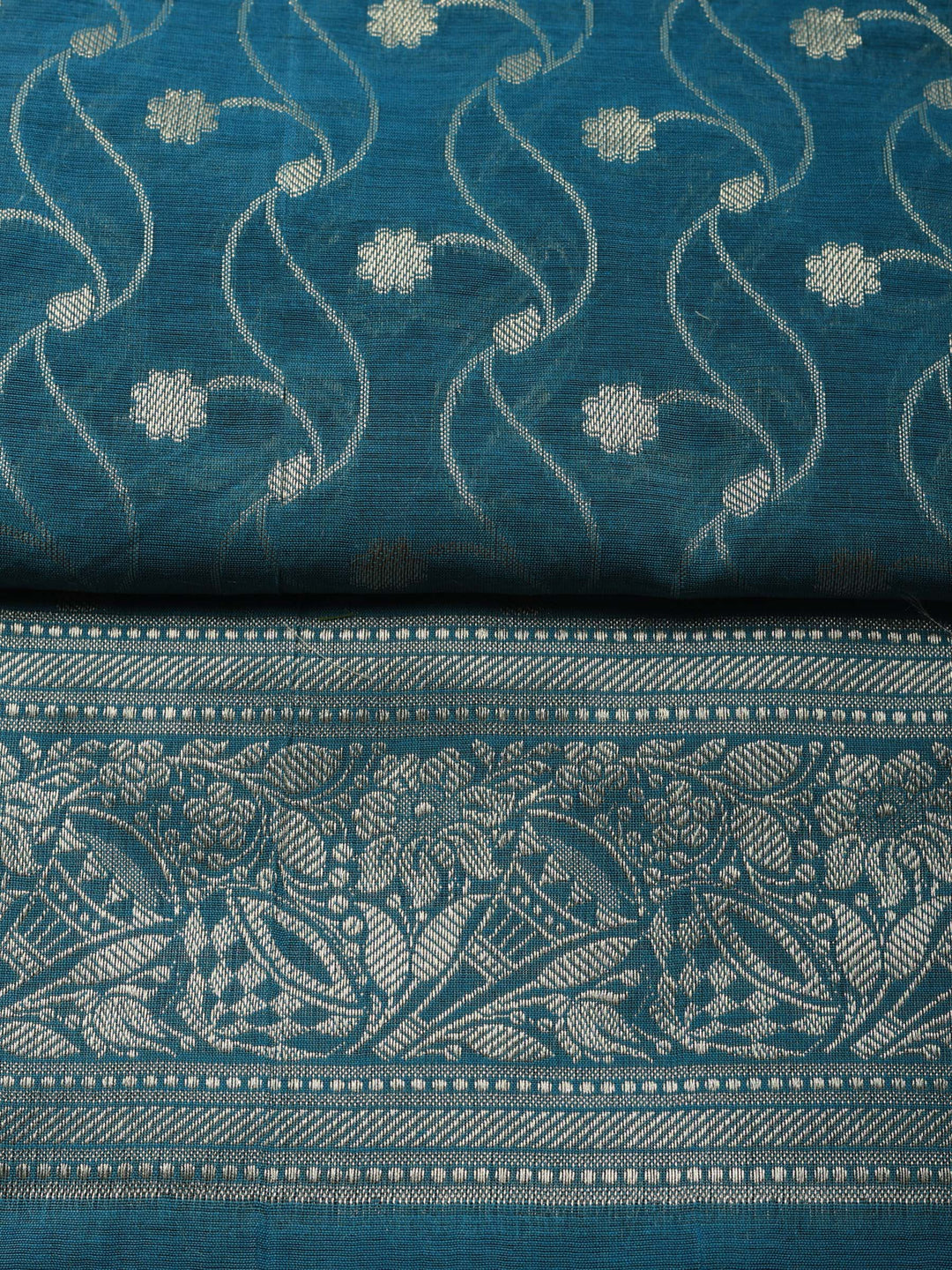 Teal Blue Woven Design Chanderi Unstitched Suit &amp; Pant With Chanderi Dupatta
