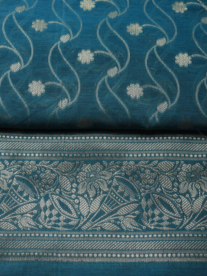 Teal Blue Woven Design Chanderi Unstitched Suit &amp; Pant With Chanderi Dupatta