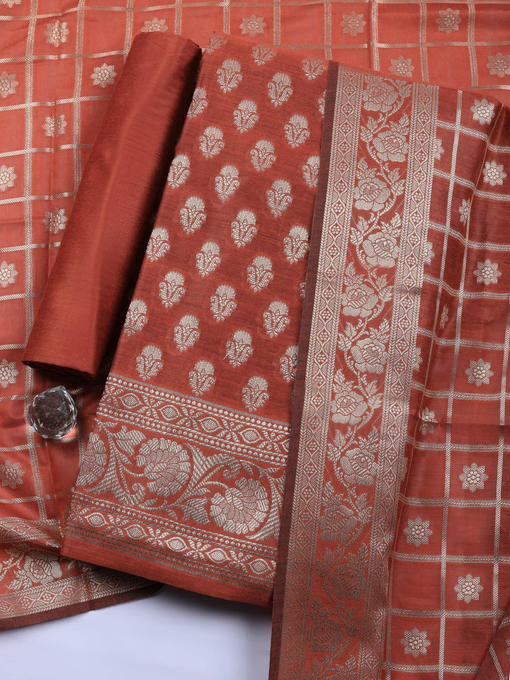 Brick Woven Design Chanderi Unstitched Suit &amp; Pant With Chanderi Dupatta