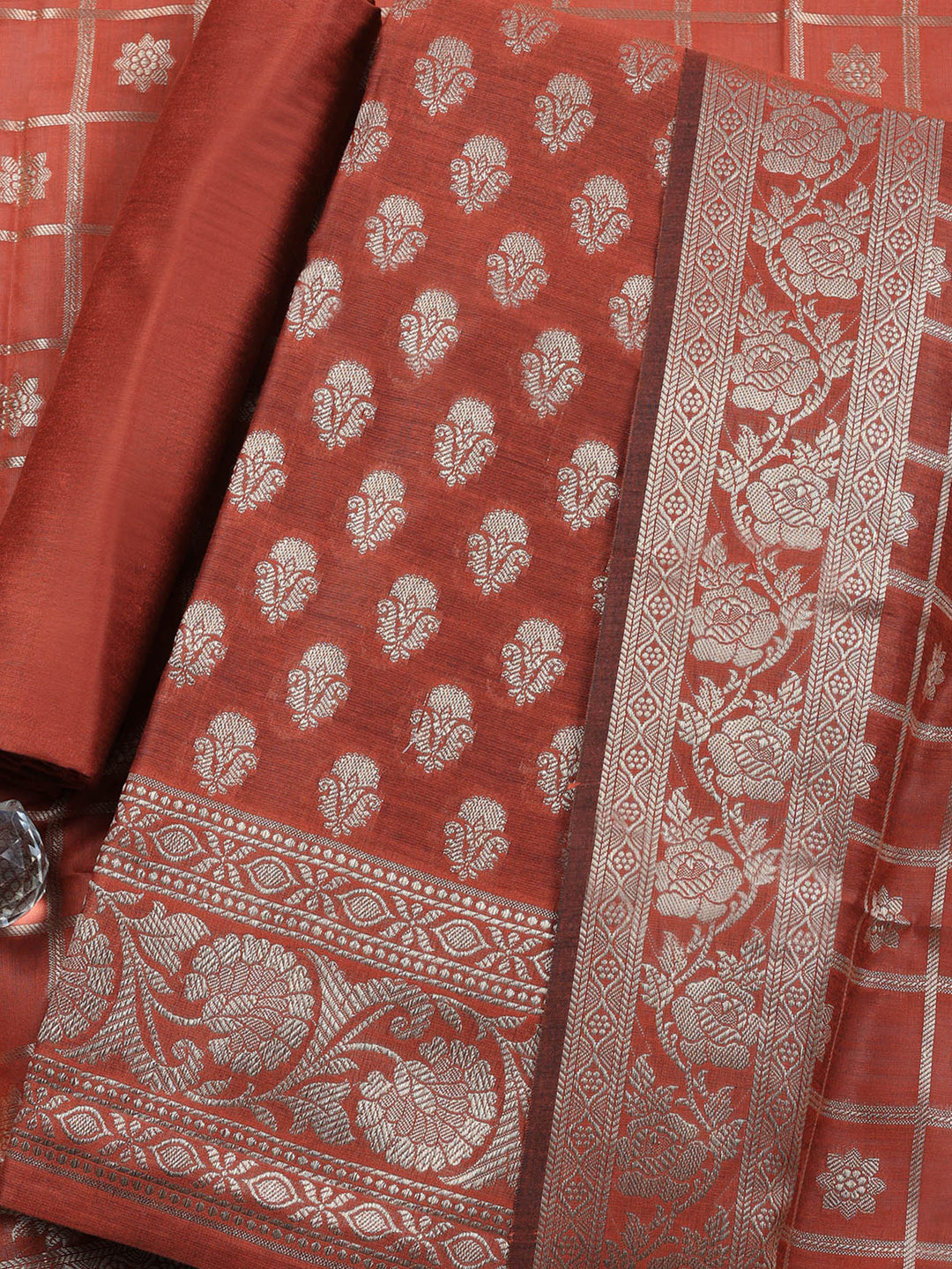 Brick Woven Design Chanderi Unstitched Suit &amp; Pant With Chanderi Dupatta