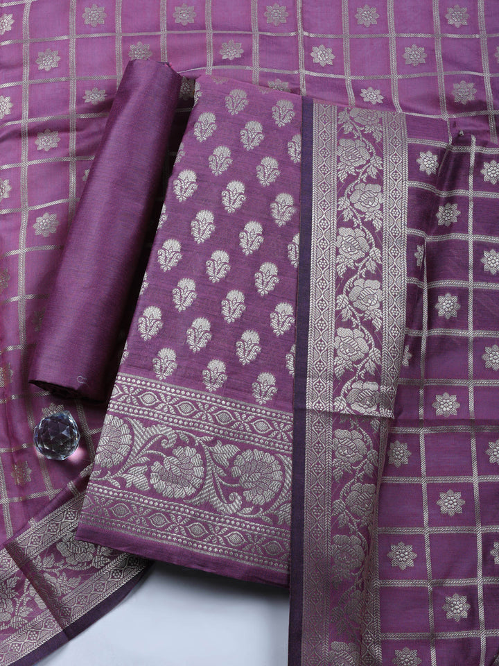Lavender Woven Design Chanderi Unstitched Suit &amp; Pant With Chanderi Dupatta