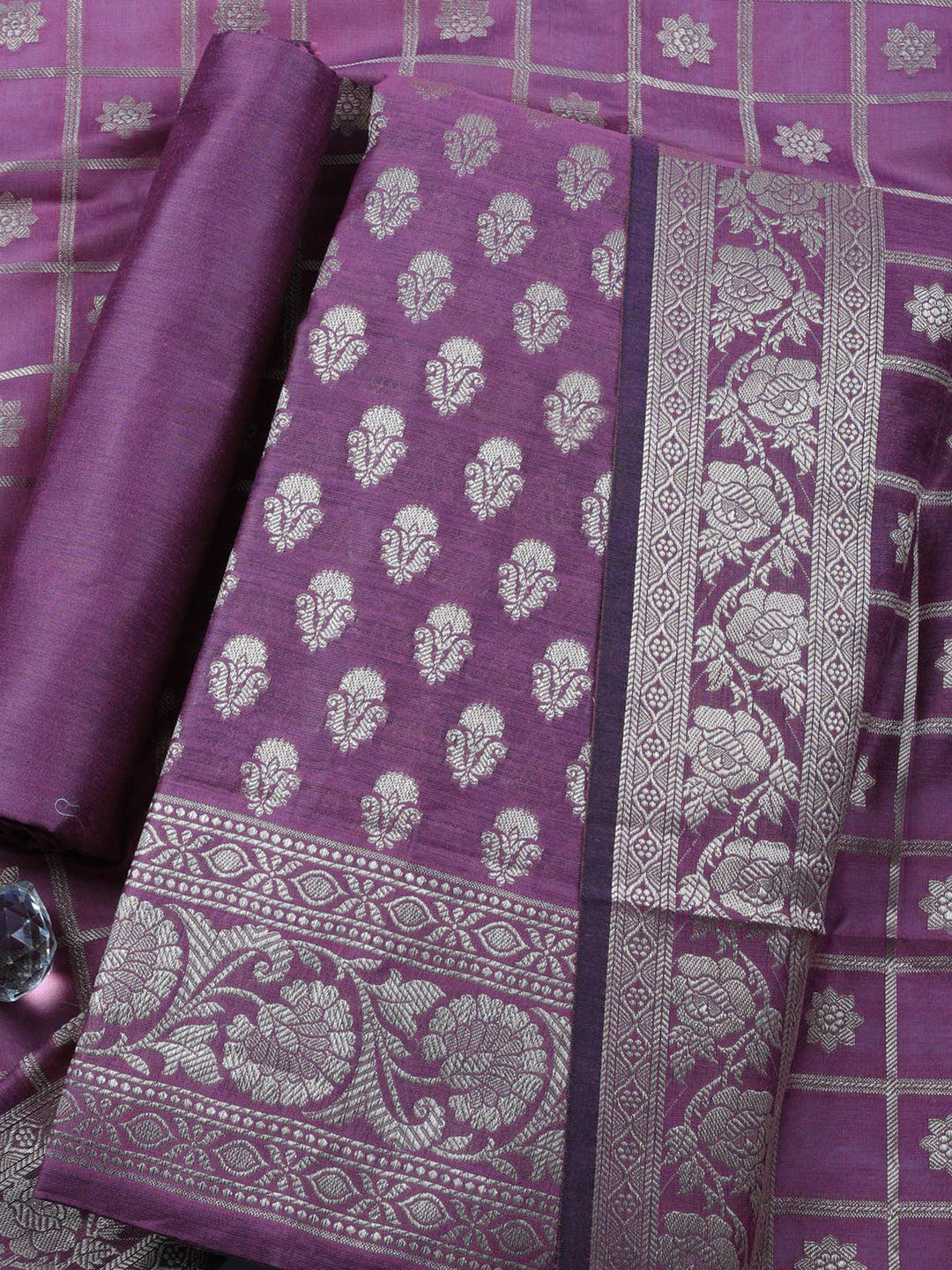 Lavender Woven Design Chanderi Unstitched Suit &amp; Pant With Chanderi Dupatta