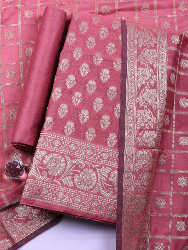 Mauve Woven Design Chanderi Unstitched Suit &amp; Pant With Chanderi Dupatta