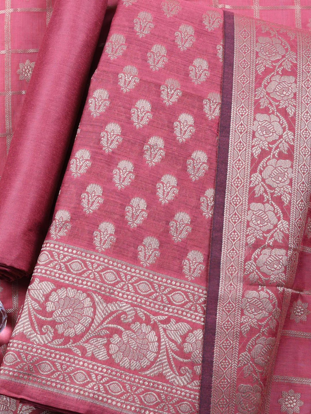 Mauve Woven Design Chanderi Unstitched Suit &amp; Pant With Chanderi Dupatta