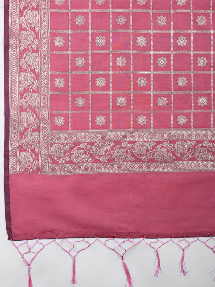 Mauve Woven Design Chanderi Unstitched Suit &amp; Pant With Chanderi Dupatta