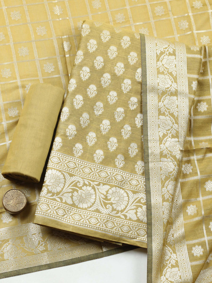 Mehndi Woven Design Chanderi Unstitched Suit &amp; Pant With Chanderi Dupatta