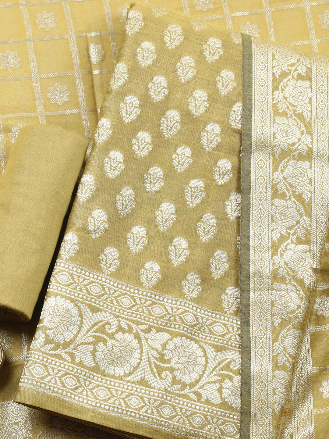 Mehndi Woven Design Chanderi Unstitched Suit &amp; Pant With Chanderi Dupatta