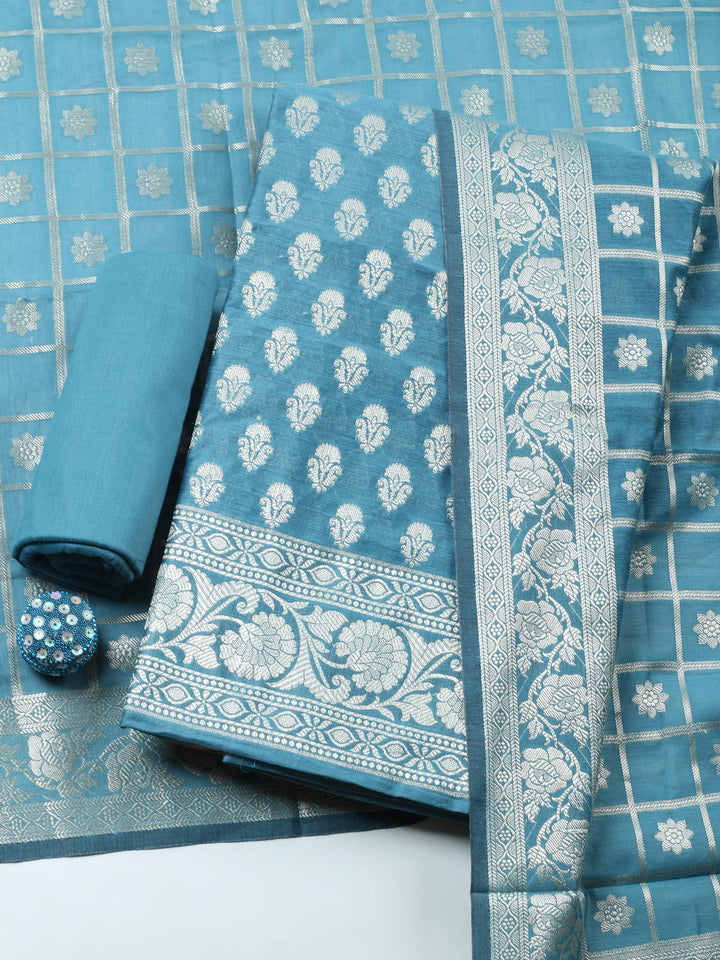 Teal Blue Woven Design Chanderi Unstitched Suit &amp; Pant With Chanderi Dupatta