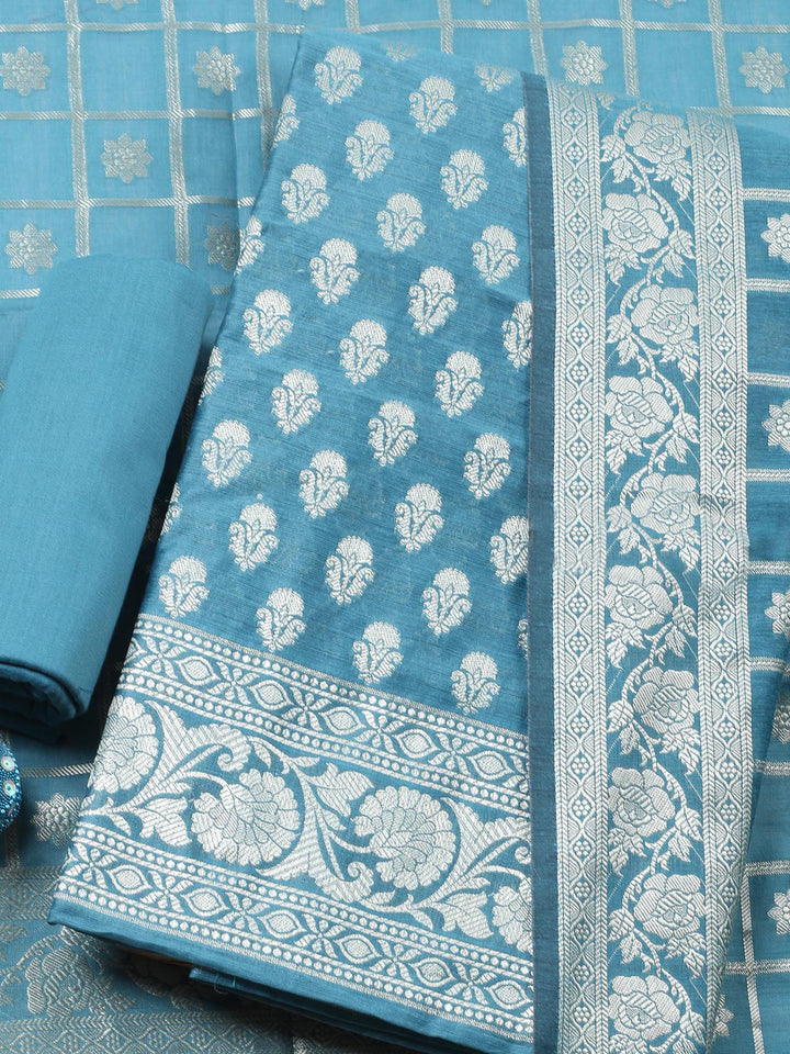 Teal Blue Woven Design Chanderi Unstitched Suit &amp; Pant With Chanderi Dupatta