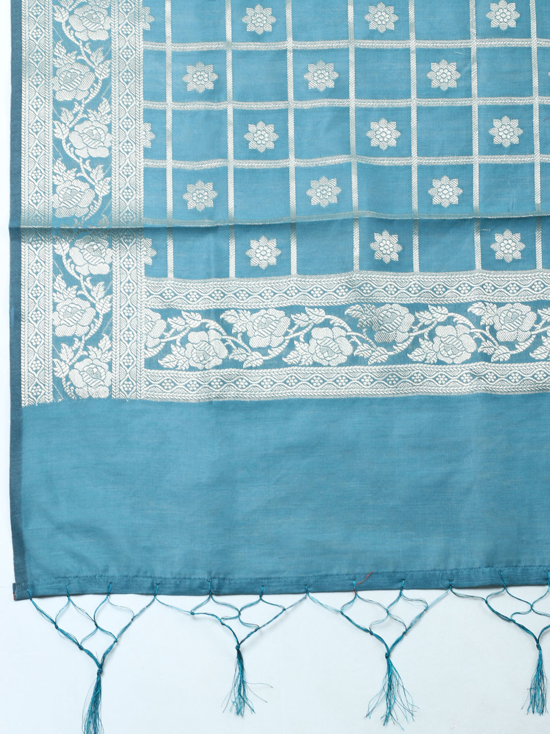 Teal Blue Woven Design Chanderi Unstitched Suit &amp; Pant With Chanderi Dupatta