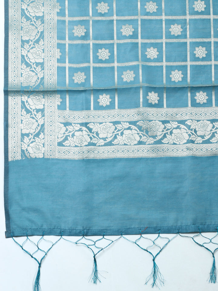Teal Blue Woven Design Chanderi Unstitched Suit &amp; Pant With Chanderi Dupatta
