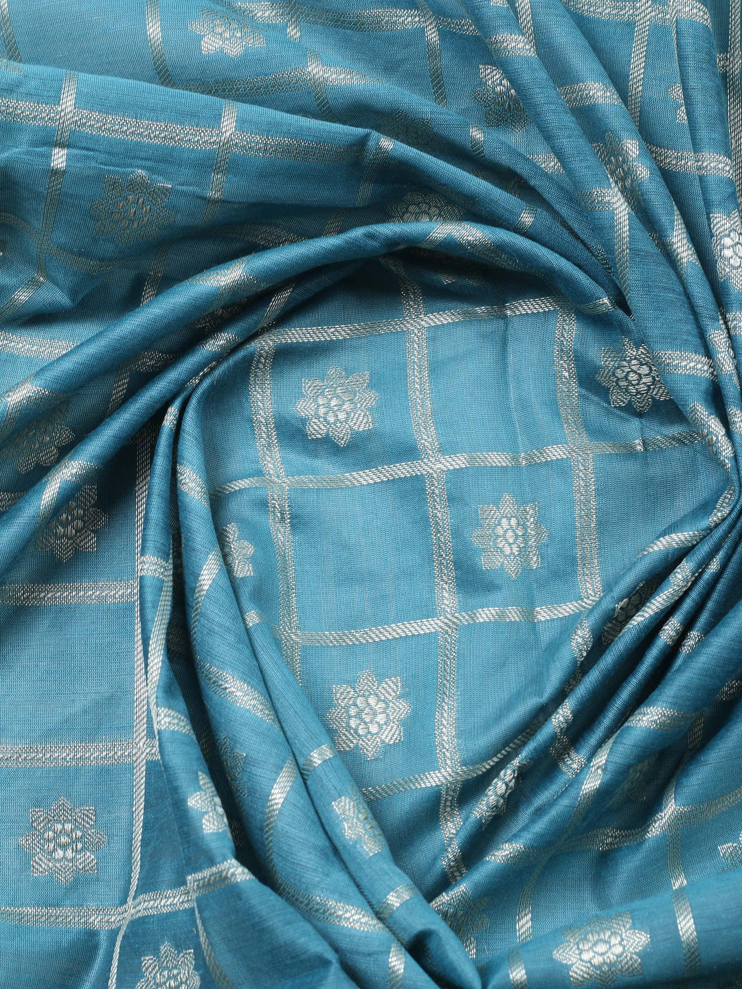 Teal Blue Woven Design Chanderi Unstitched Suit &amp; Pant With Chanderi Dupatta