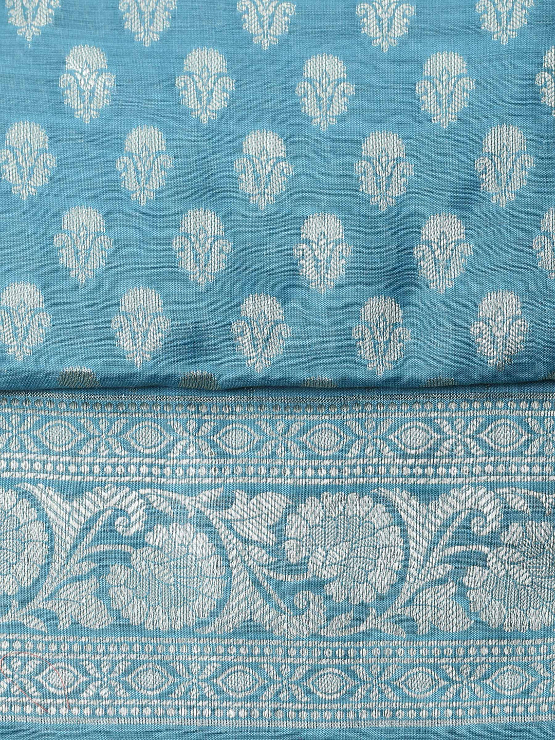 Teal Blue Woven Design Chanderi Unstitched Suit &amp; Pant With Chanderi Dupatta