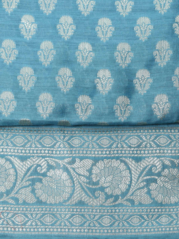 Teal Blue Woven Design Chanderi Unstitched Suit &amp; Pant With Chanderi Dupatta