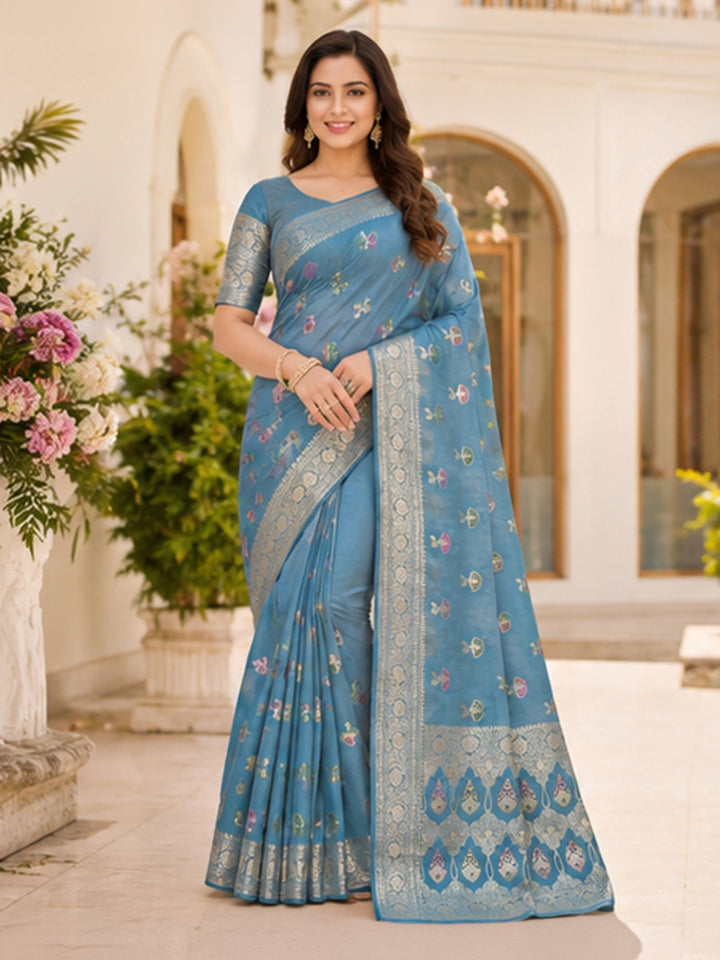 Sky Blue Woven Design Art Silk Saree