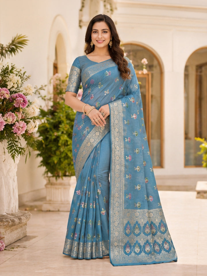 Sky Blue Woven Design Art Silk Saree