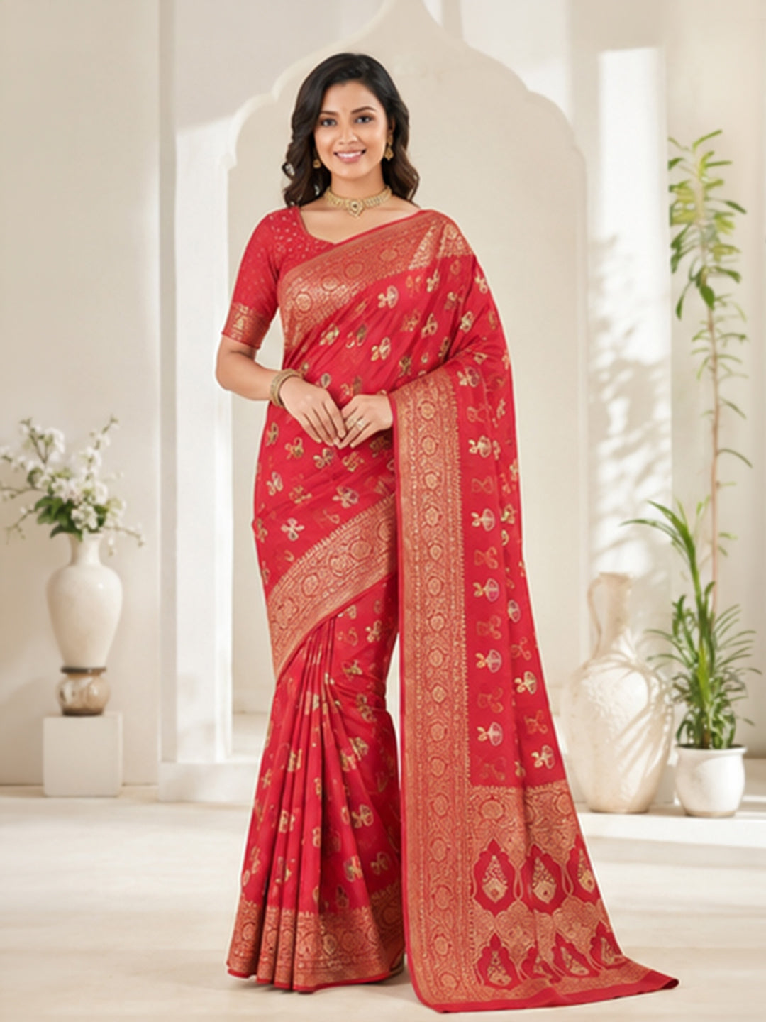 Red Woven Design Art Silk Saree