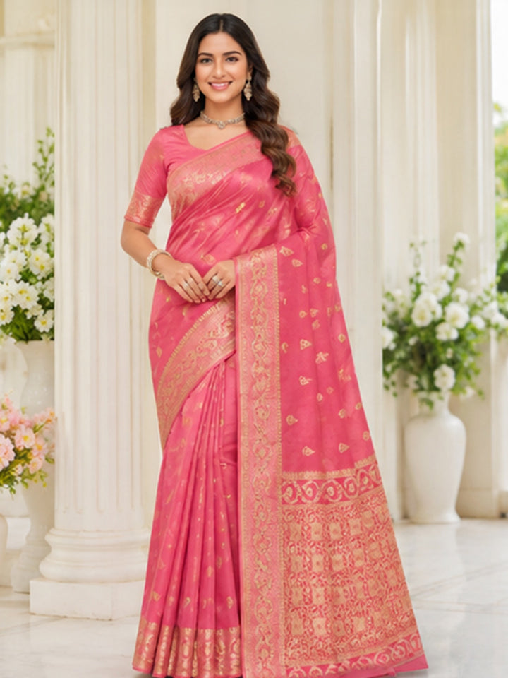 Peach Pink Woven Design Art Silk Saree