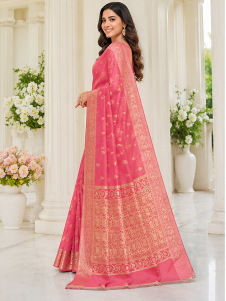 Peach Pink Woven Design Art Silk Saree