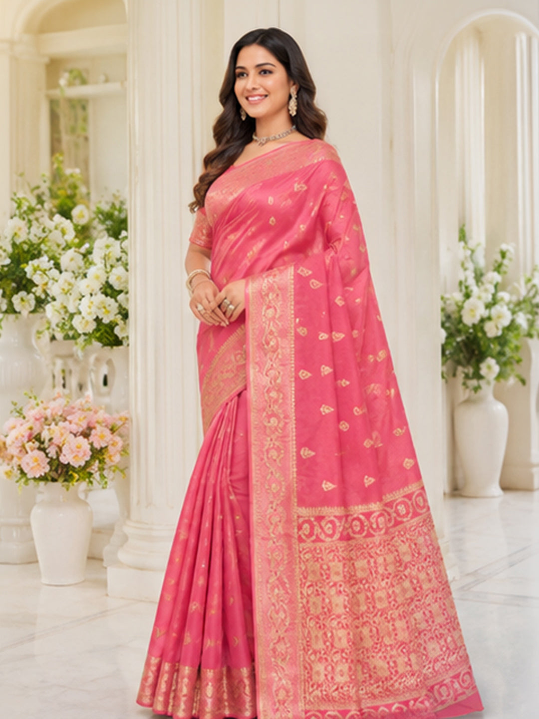 Peach Pink Woven Design Art Silk Saree