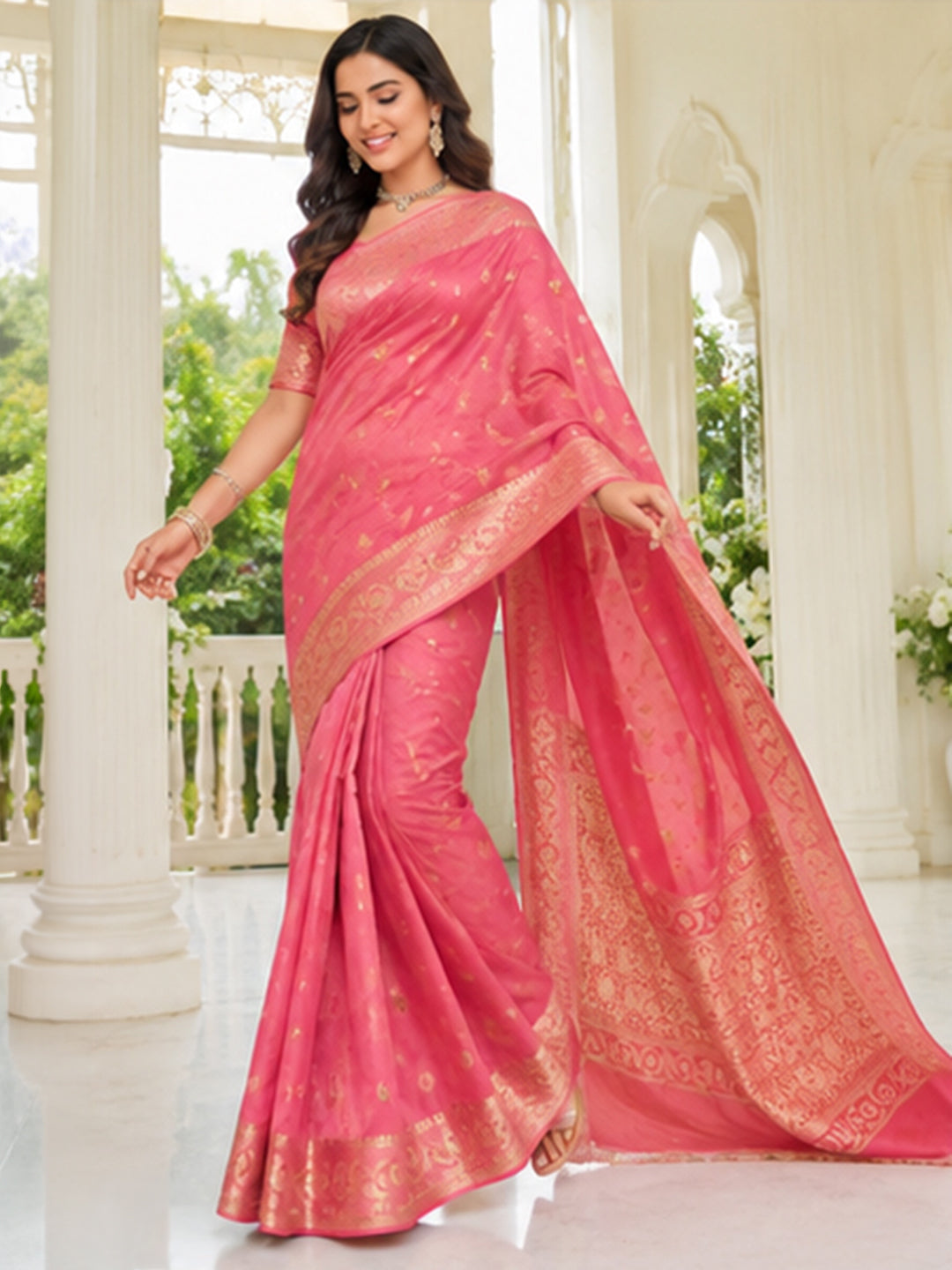 Peach Pink Woven Design Art Silk Saree