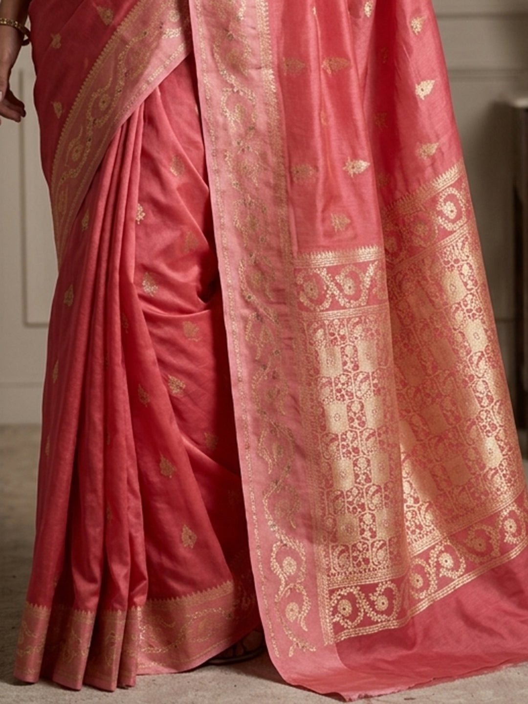 Peach Pink Woven Design Art Silk Saree
