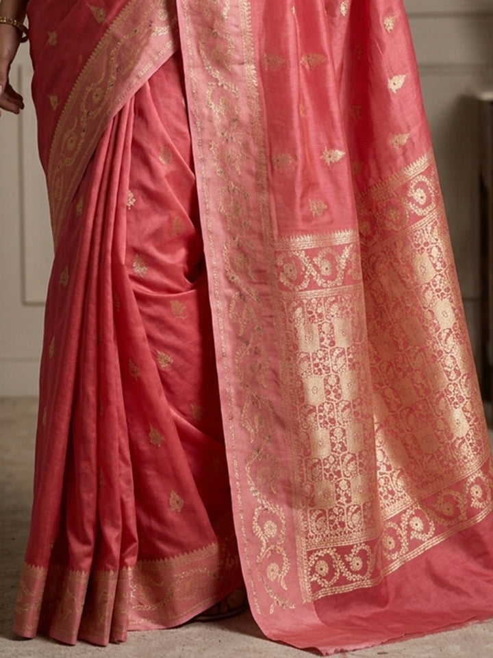 Peach Pink Woven Design Art Silk Saree