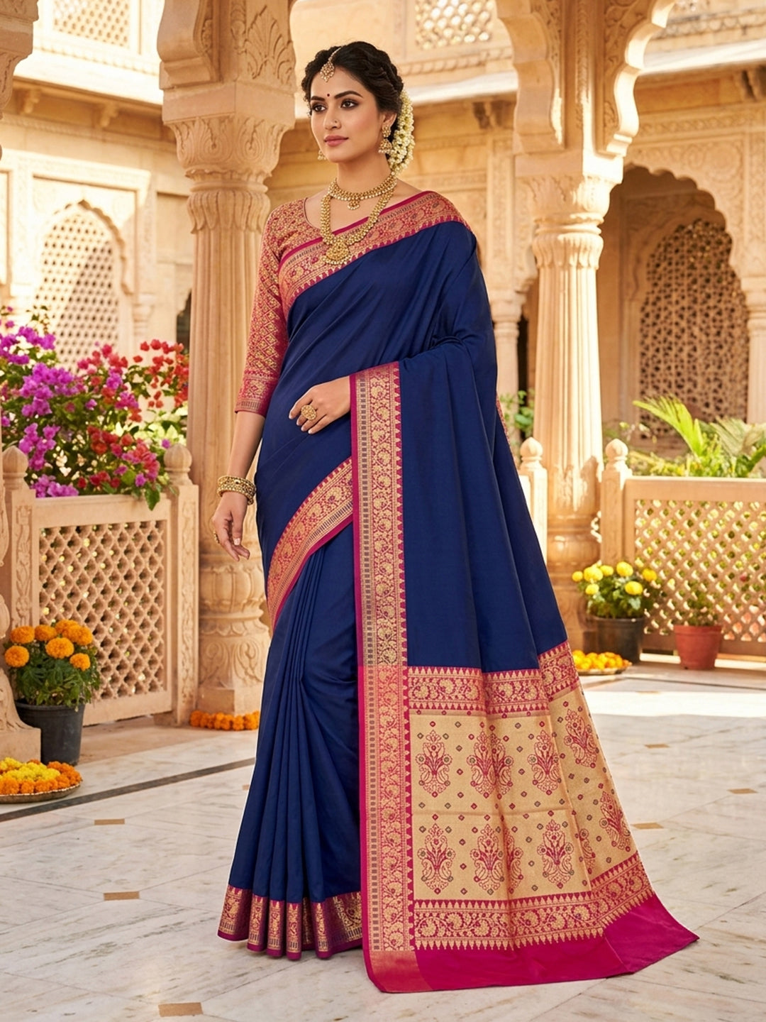 Navy Blue Woven Design Art Silk Saree