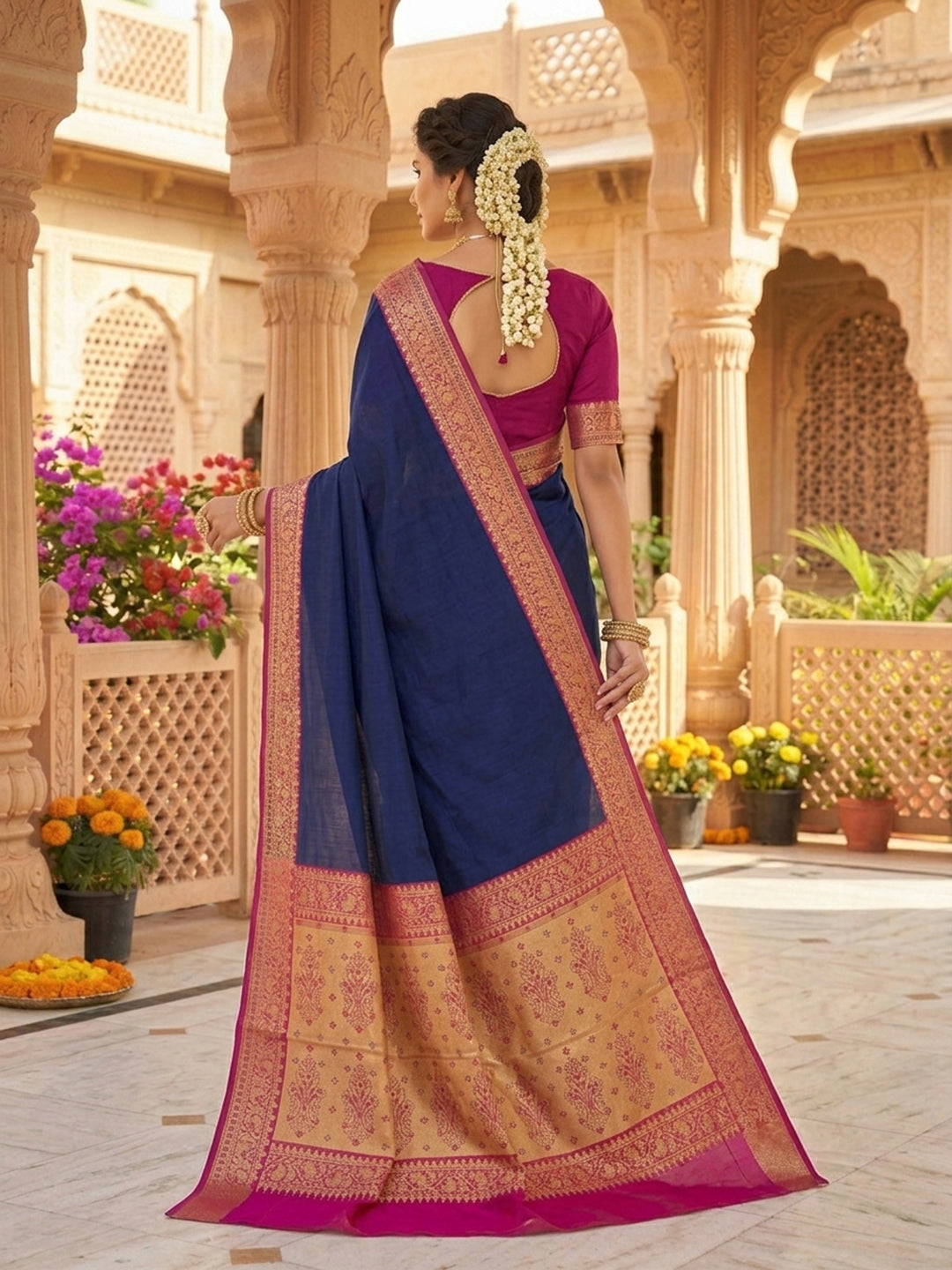 Navy Blue Woven Design Art Silk Saree