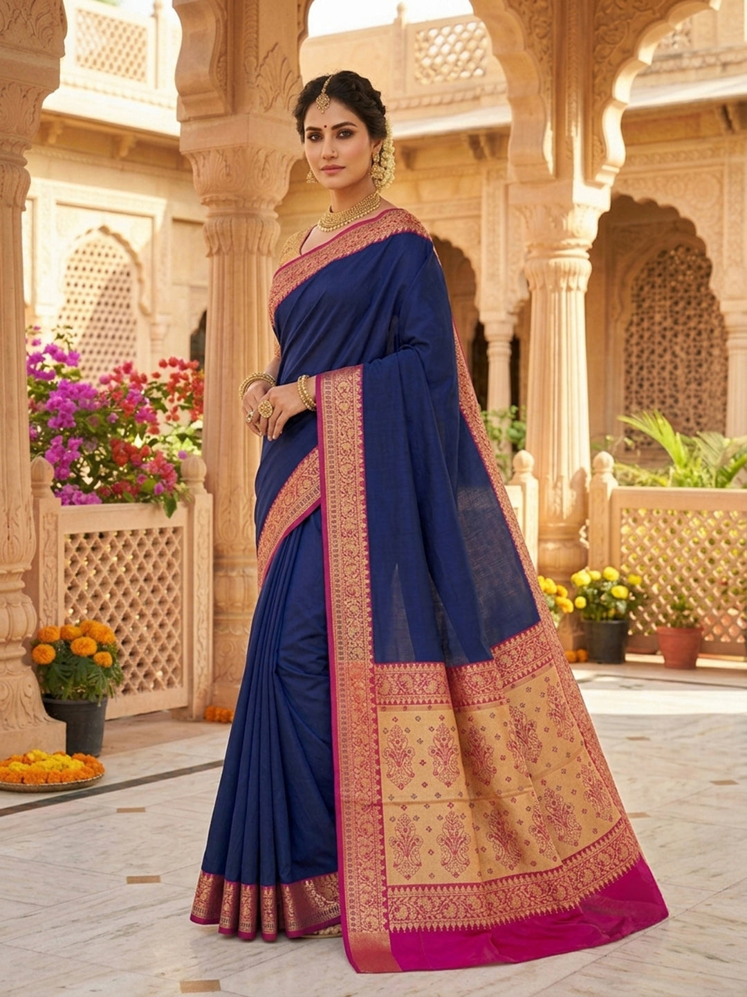 Navy Blue Woven Design Art Silk Saree