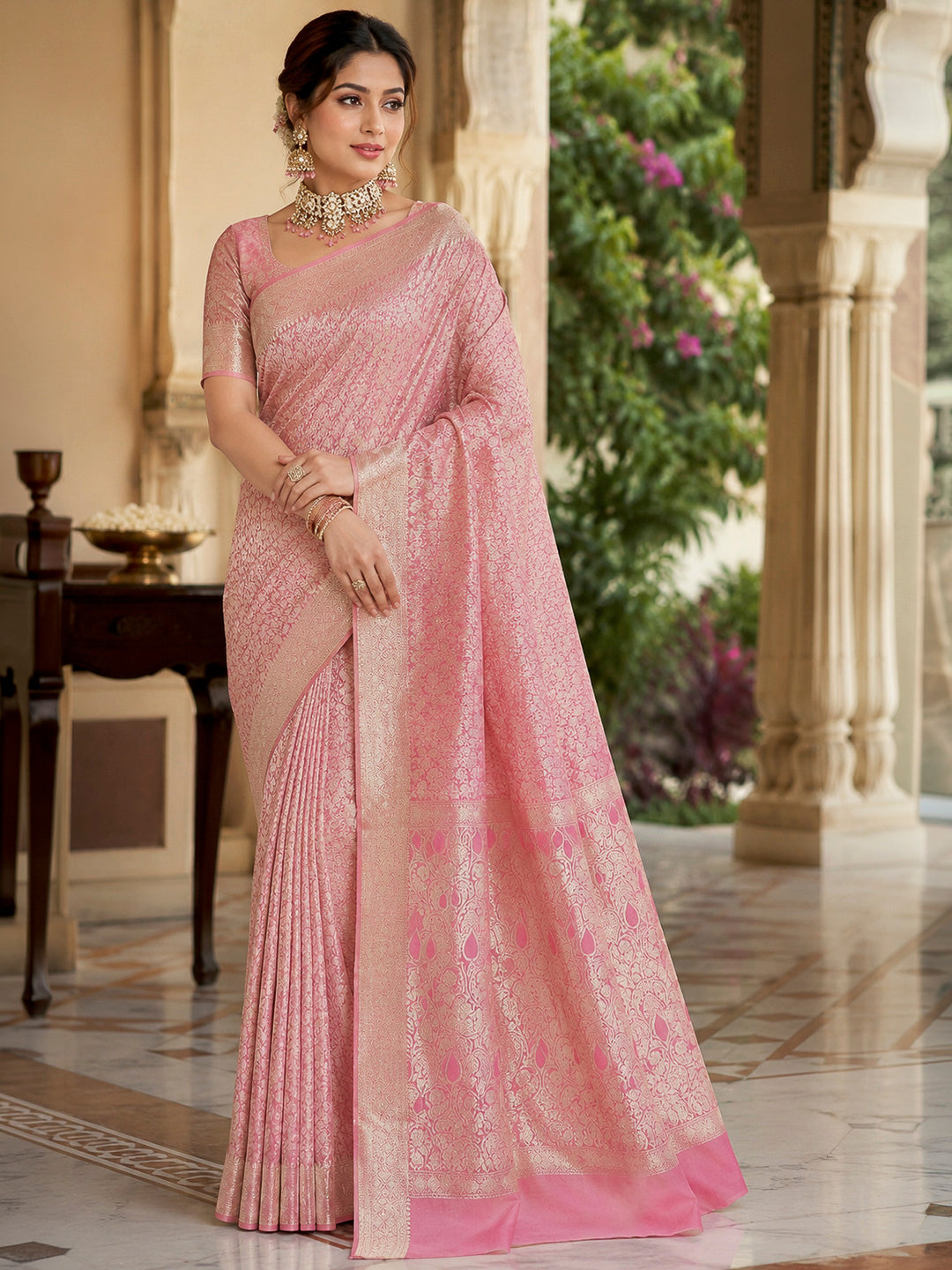 Pink-Lt Tussar Woven Saree