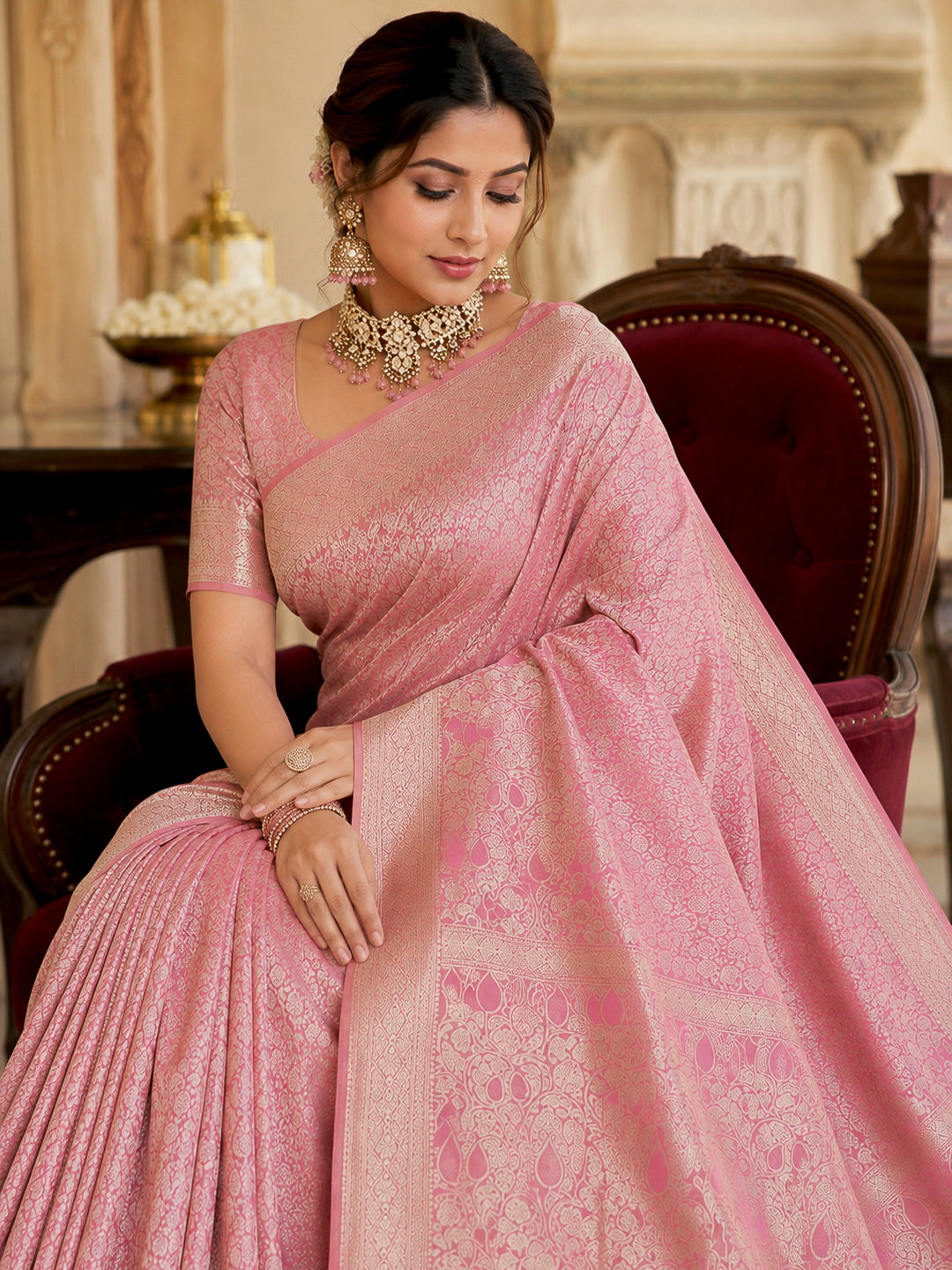 Pink-Lt Tussar Woven Saree